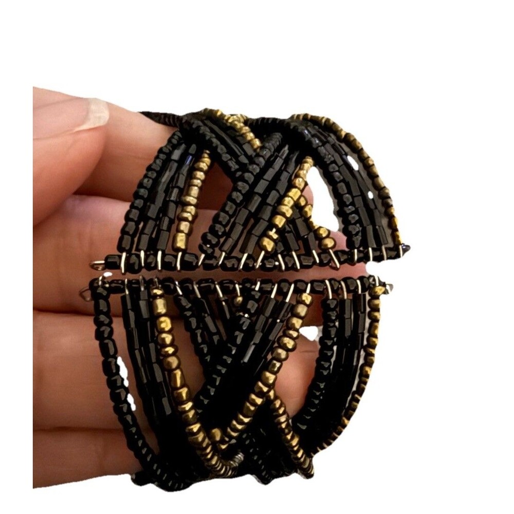 Vintage Express Wide Cuff Bracelet Seed Bead Black Goldtone Braided Woven Wire